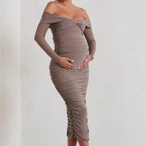 Club L Neva Mocha Bardot Twist Maternity Midi Dress